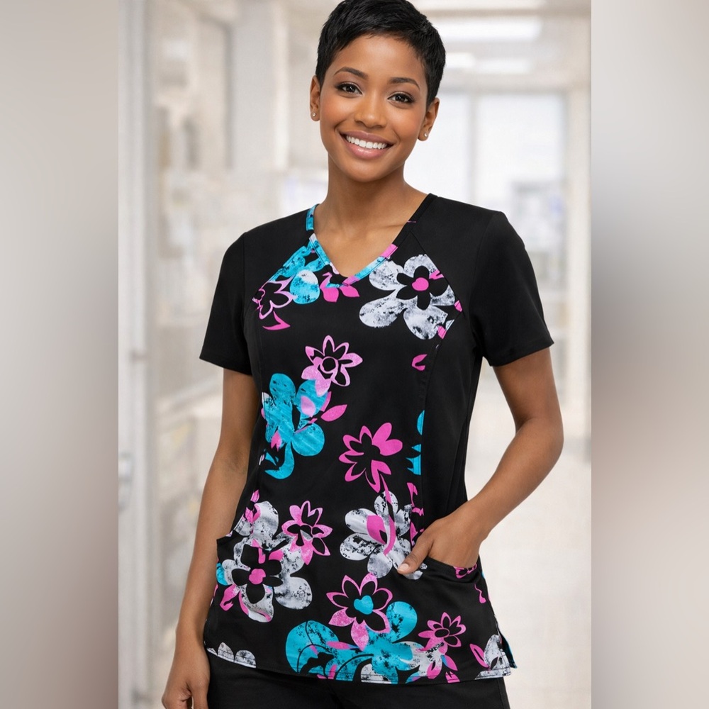 🖤 Baby Phat Floral Scrub Top – XS – Black w/ Pink & Teal – Stretch Side Panels - Picture 1 of 8